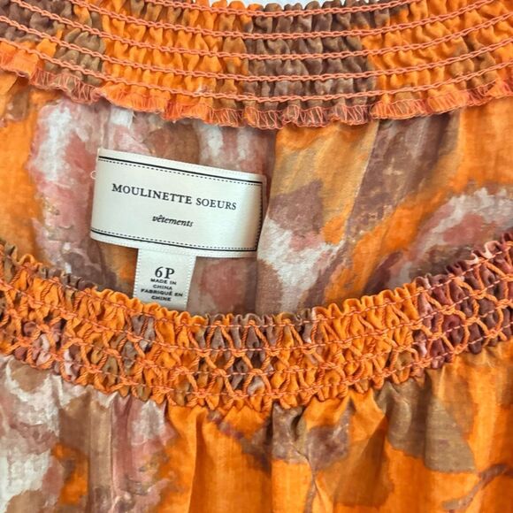 ANTHROPOLOGIE Moulinette Soeurs Fall Orange Floral Cold Shoulder SILK Dress 6P - Picture 5 of 7